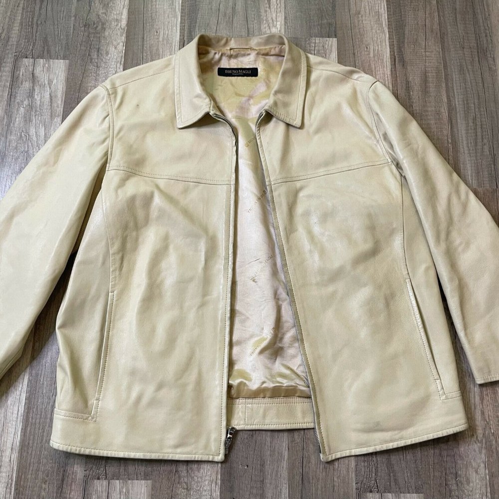 Bruno Magli Womens Ivory Real Leather Collared Full Zip Bomber Jacket Size 42